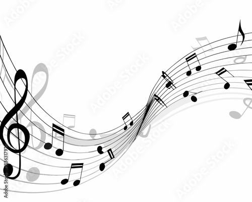 Elegant musical notes swirl and flow across a white background design