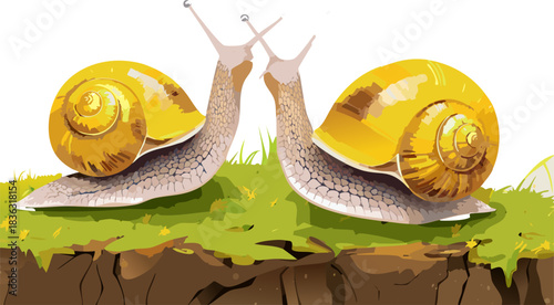 Vibrant garden life scene showing the slow journey of two snails with polished golden shells among fresh blooming daisies under a bright clear sky.