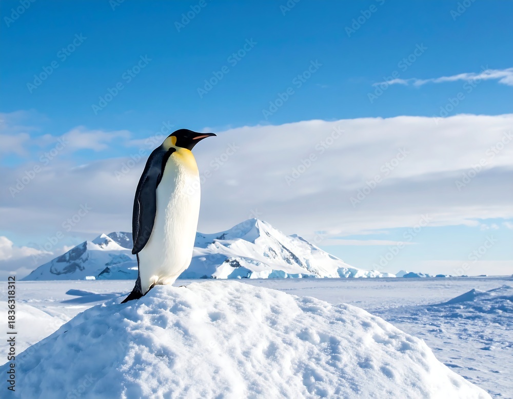 Fototapeta premium Solitary penguin stands atop a snowy mound with mountain background