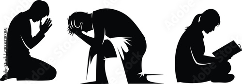 Silhouettes of emotion, prayer pose, distress figure, reading posture, spiritual moment, mental struggle, calm activity, kneeling gesture, reflection, solitude, mindfulness, inner thought