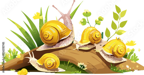 Whimsical golden snail pair exploring a rustic wooden log surrounded by delicate white daisies and green leaves in a peaceful sunny garden setting.
