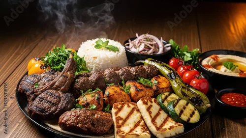 Delicious middle eastern platter featuring grilled meats, rice, hummus, and fresh vegetables on a wooden table