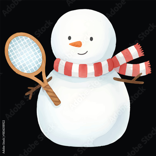 Cute Snowman Tennis Player Watercolor, Isolated on Black Background, Vector Illustration
