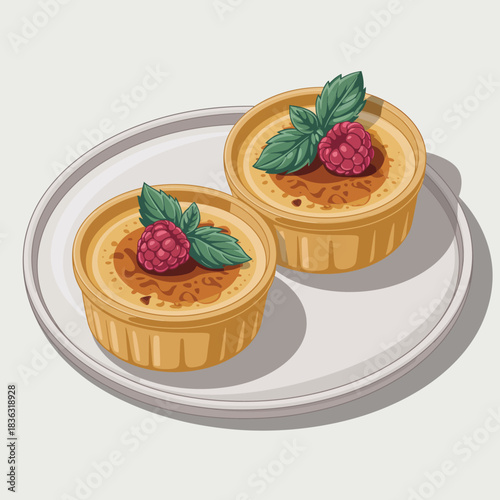 Two beautifully presented raspberry crème brûlée desserts adorned with fresh raspberries and mint leaves, embodying culinary artistry and indulgence in every bite.