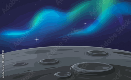 This image showcases a stunning view of the moon's surface illuminated by a vibrant aurora in a starry night sky, blending celestial elements beautifully.