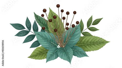 A beautiful watercolor illustration of a botanical arrangement featuring green and teal leaves with dark berries.