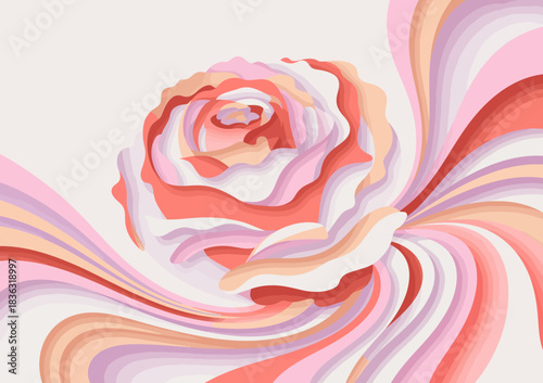 An elegant paper-cut flower design featuring a blooming rose, showcasing flowing pastel colors that embody beauty, grace, and artistic creativity.