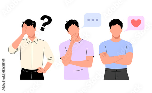 Three diverse men showcasing different emotions and thoughts through expressive body language and visual symbols, representing a range of human experiences and communication.