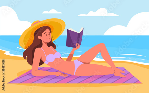 A serene illustration of a woman lounging on the beach, reading a book under the sun, encapsulating relaxation, leisure, and the bliss of summer escapades by the ocean.