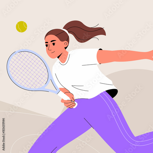 A vibrant illustration showcasing a determined young woman in motion, skillfully hitting a tennis ball, embodying sportsmanship, energy, and positivity on the court.