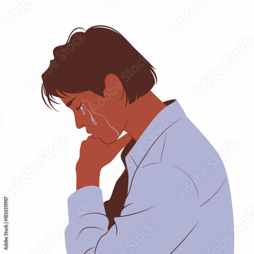 A contemplative young man expresses deep emotions as he reflects on personal struggles, his sadness evident as a tear falls down his cheek, representing vulnerability and introspection.