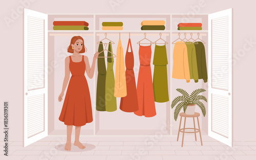A stylish depiction of a woman selecting outfits from a well-organized wardrobe, reflecting personal style and the joys of fashion and self-expression.