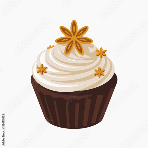 An inviting dessert featuring a moist chocolate cupcake topped with creamy white frosting and adorned with beautiful flower decorations, perfect for any sweet occasion.
