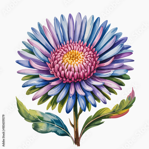 This image showcases a stunning flower with vibrant blue, pink, and purple petals, artistically arranged with lush green leaves, representing beauty and nature's splendor.