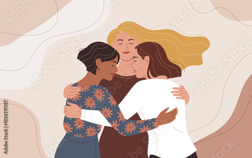 An intimate scene depicting three women of different backgrounds embracing each other, symbolizing friendship, love, and emotional support among individuals in a warm atmosphere.
