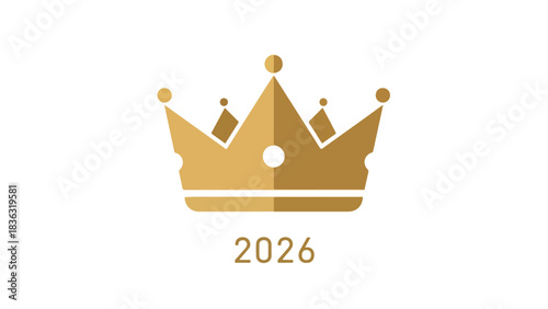 Golden crown icon 2026 features a modern minimalist vector illustration in flat gold hues on a clean white background