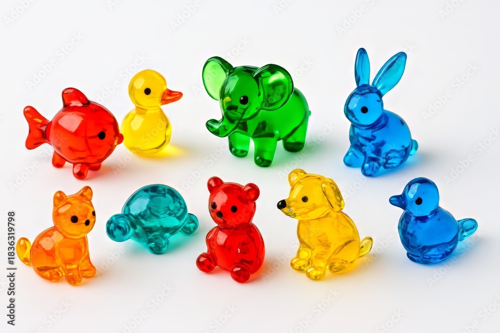 Obraz premium A group of colorful, translucent miniature animal figures (fish, duck, elephant, rabbit, cat, turtle, bear, dog, bird) on a white background.