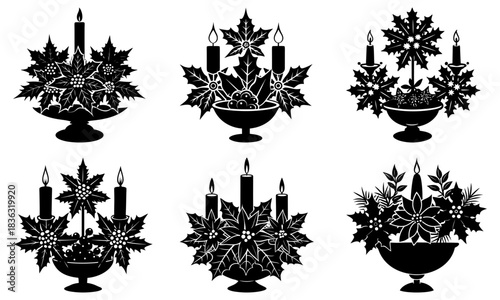 Collection of christmas floral arrangements with candles in silhouette vector format design art