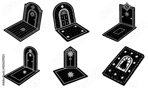 Illustration of six stylized black and white doorways with stars and decorative elements on rugs