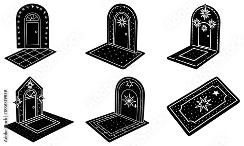 Collection of stylized doorways with stars and decorative mats in black and white artwork style