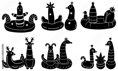 Collection of whimsical inflatable christmas decorations featuring animal and tree designs in black and white