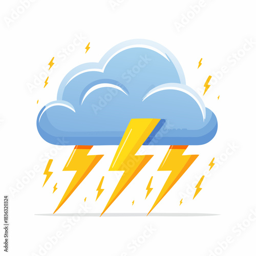 Dynamic illustration of a powerful thunderstorm with a dark blue cloud and striking yellow lightning bolts on a white background