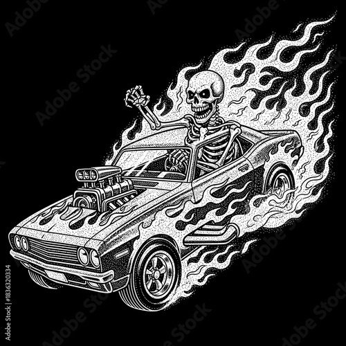 Skeleton driving a burning hot rod car with flames.
