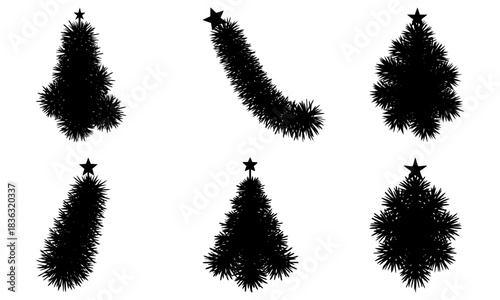 Silhouette collection of christmas trees with star toppers in various shapes and orientations