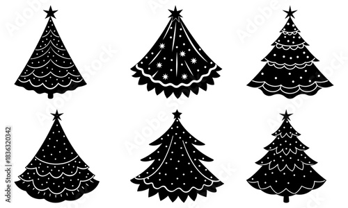 Collection of six stylized christmas trees in black and white with star toppers and decorative patterns