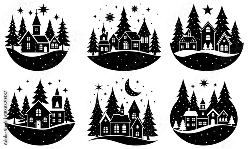 Silhouetted winter village scenes with trees, stars and moon in decorative oval and teardrop shapes