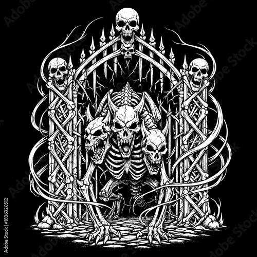 Three Headed Skeleton Monster Emerging from Gothic Gate.