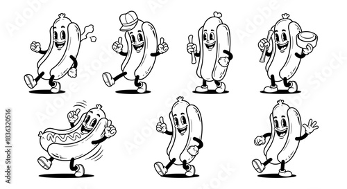 Vintage Cartoon Hot Dog Characters Set Fun Food Mascot Collection.
