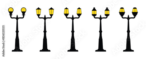 Collection of street lamp icon - street light posts set, sidewalk lantern icon vector illustration.