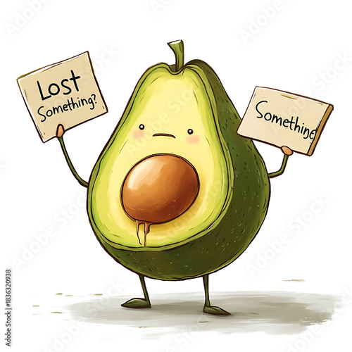 Confused cartoon avocado holding signs asking for directions