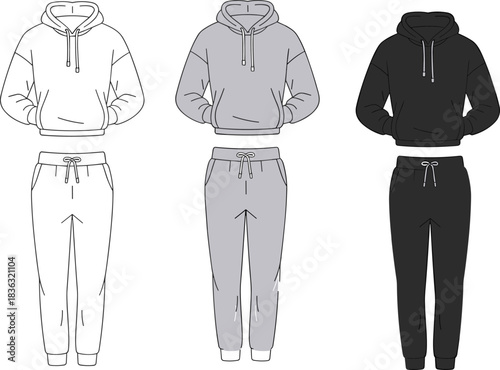 Sweatshirt and jogger pants fashion template showing front views in multiple color variations, modern loungewear design, casual clothing illustration for apparel development