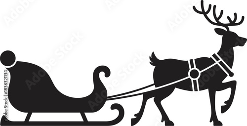 Silhouette illustration of reindeer pulling a traditional Christmas sleigh, symbolizing winter holidays, festive celebrations, seasonal transport, and classic holiday imagery