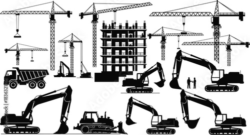 Silhouettes of construction cranes, excavators, dump truck, bulldozer, and building framework illustrating heavy machinery, civil engineering, excavation work, and urban development scenes