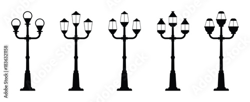 Collection of street light posts set - sidewalk lantern icon vector illustration. old street lamp posts.