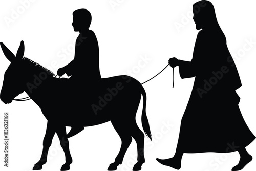 Silhouette illustration of a person leading a donkey with a rider, representing travel, guidance, tradition, companionship, and rural lifestyle symbolism