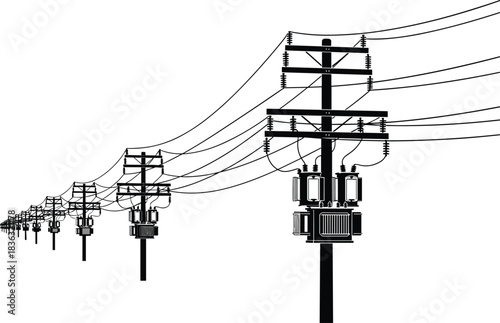 Silhouette illustration of electrical power lines and utility poles featuring transformers, wiring infrastructure, distribution networks, and high voltage energy transmission systemsSilhouette 