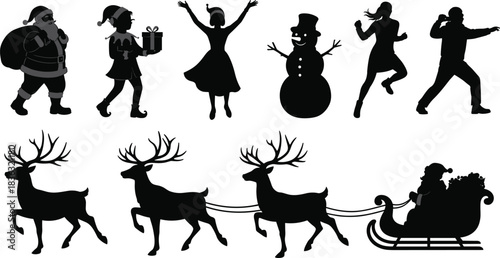 Silhouette collection of Christmas characters, Santa with sleigh and reindeer, festive dancers, snowman, holiday celebrations, winter season symbols and decorations