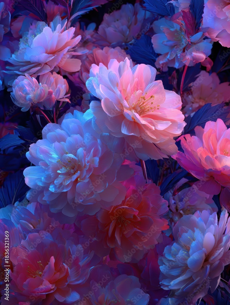 Obraz premium gentle flowers illuminated by neon lights in a gradient of blue and pink hues
