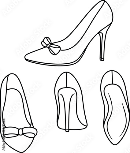 Elegant women’s high heels and flat shoes illustration featuring bow details, fashion footwear design elements, stylish accessories, and modern outline shoe drawings