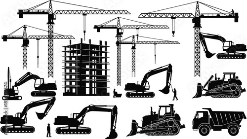 Construction machinery and tower crane silhouettes illustrating heavy equipment, building development, excavation vehicles, construction workers, and modern urban infrastructure engineering scenes