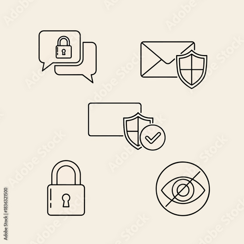 Set of security and privacy icons including locked chat, encrypted email, protected data, padlock, and invisible eye symbols