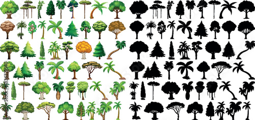 Diverse deciduous and evergreen trees illustration pack vector