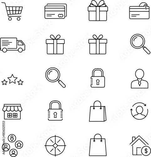 Set of online shopping icons for e-commerce, including shopping cart, credit cards, gift box, delivery truck, magnifier, lock, user, store, and bag