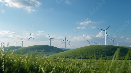 Wide-Angle View of a Large Wind Farm on Green Rolling Hills Against a Bright Blue Sky, Symbolizing Clean Energy.