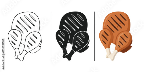 Set of three grilled chicken icons outline, solid black silhouette, and full color illustration