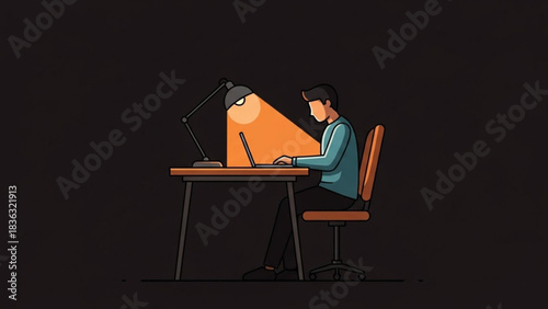 Man working late on laptop, illuminated by desk lamp, focused on deadline